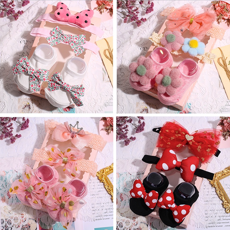Set 3 Đôi Vớ + Băng Đô Nơ Xinh Xắn Cho Bé Gái
