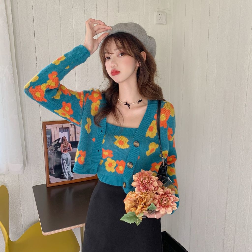 Set áo khoác cardigan dệt kim + áo hai dây thiết kế mới thời trang dành cho nữ