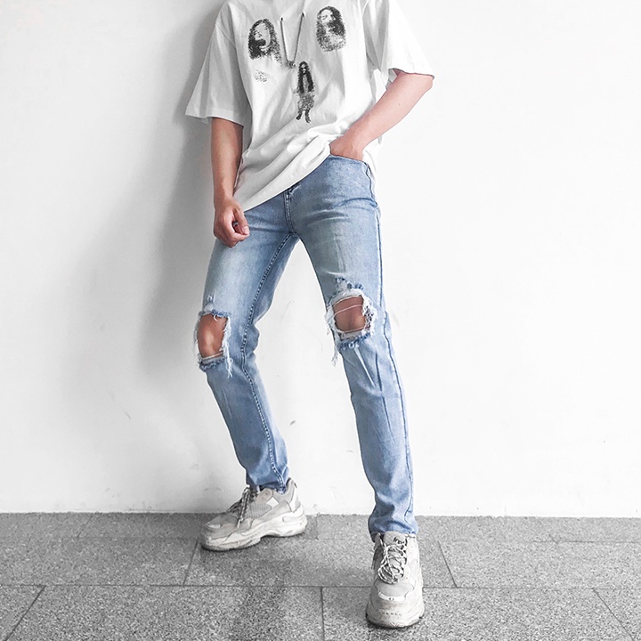 Quần Jeans Nam Xanh Rách Gối Rách To Jean Co Giãn