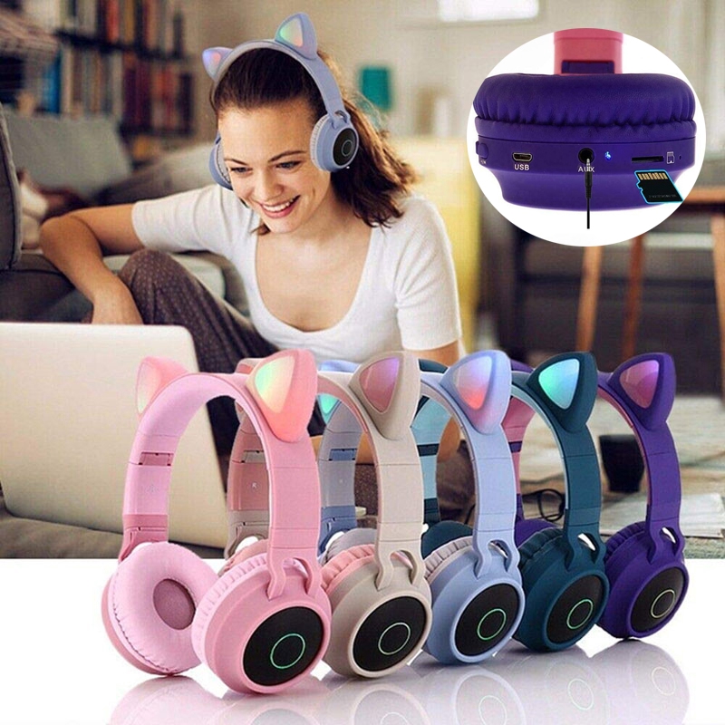 【ready stock】LED Cat Ear Bluetooth 5.0 Headphone Ears Headset Wireless HIFI Stereo Bass Earphone Gaming with Mic