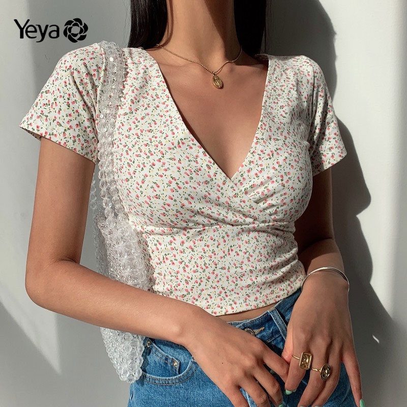 Áo thun lửng YEYA cổ chữ V tay ngắn in họa tiết hoa phong cách Hàn Quốc thời trang mới dành cho nữ