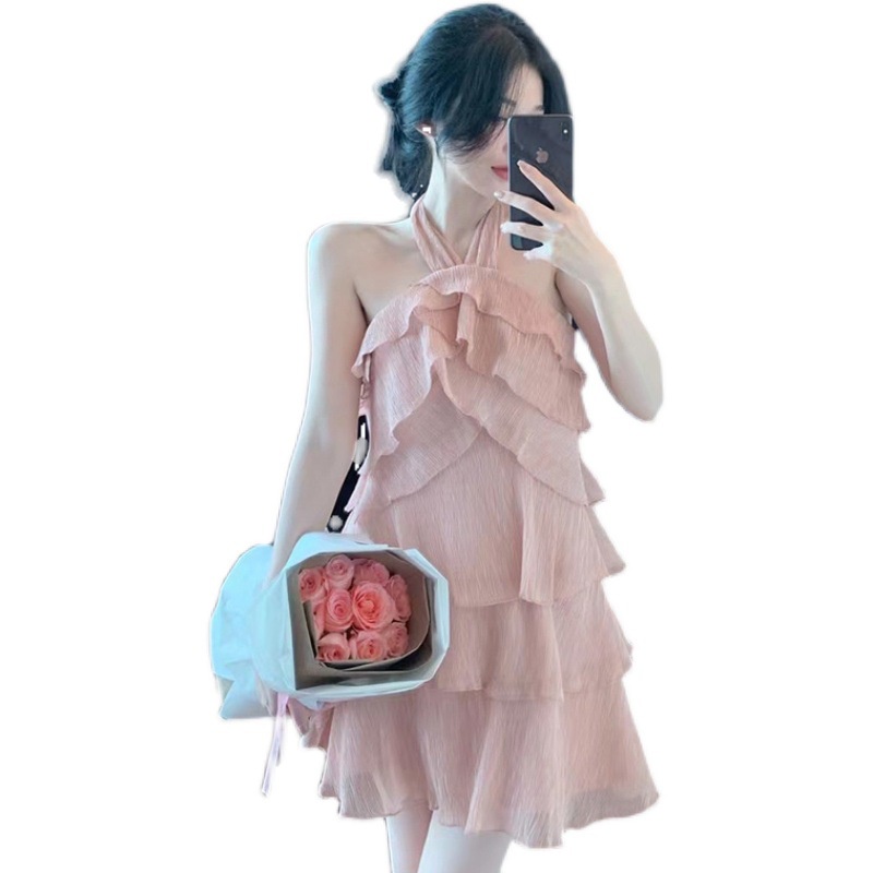 Đầm ngắn IELGY hở lưng không tay diềm xếp nếp phong cách mùa hè cho nữ