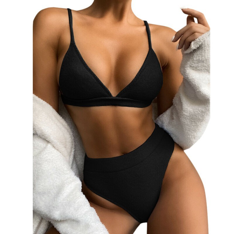 Đồ bơi bikini 2 mảnh lưng cao màu trơn quyến rũ cho nữ