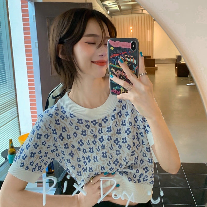 Áo thun ZHELIHANGFEI dệt kim ngắn tay in hoa xinh xắn thời trang