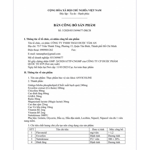 ANVICOLINE  - Hỗ trợ hoạt huyết, tăng cường tuần hoàn máu não.