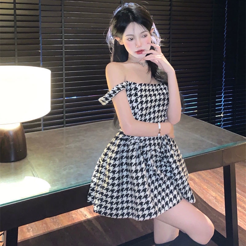 Summer 2022 new pure sexy spice girl sexy thousand grid bird suspender dress feminine waist puffy skirt