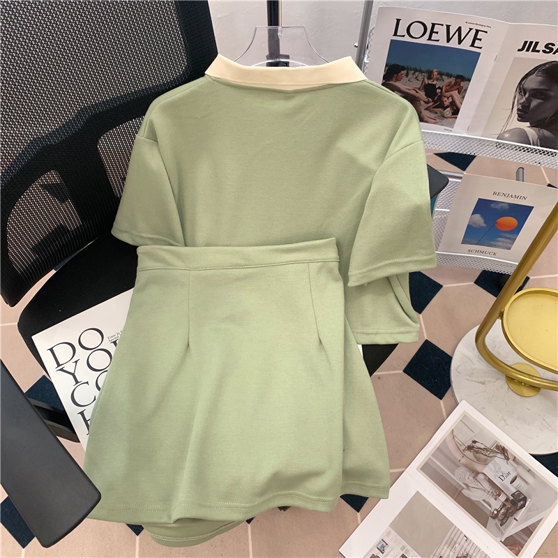 Bộ đồ SUXI gồm áo thun polo ngắn tay và chân váy chữ A lưng cao ôm dáng đơn giản thời trang mùa hè dành cho nữ