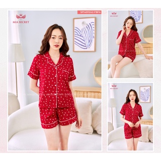 Đồ bộ nữ mặc nhà Mia Secret, đồ ngủ pijama quần đùi lụa hàn châu cao cấp họa tiết tim đôi đáng yêu MIA11242