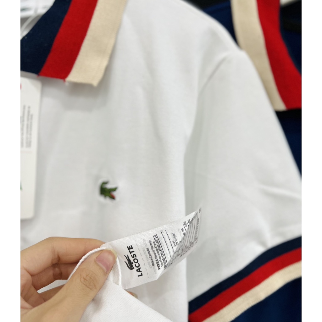 [HÌNH THẬT] ÁO THUN CỔ TRỤ LACOSTE VIỀN CỔ TRẮNG XANH  VNXK   - COTTON CÁ SẤU 100%