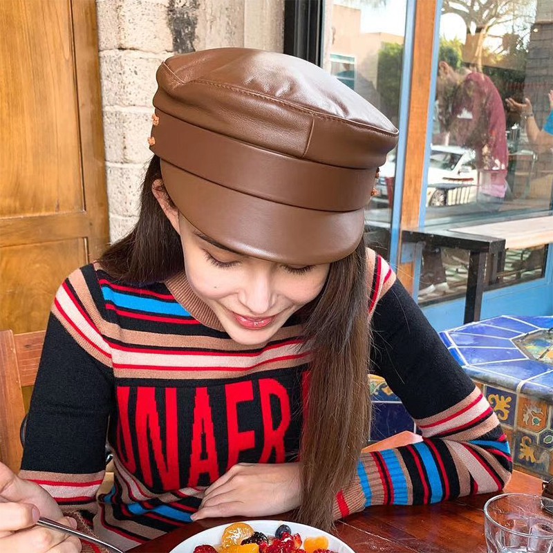 Mũ Beret Da pu Phẳng Màu Trơn Phong Cách Retro Anh Quốc Nổi Tiếng Cho Nữ
