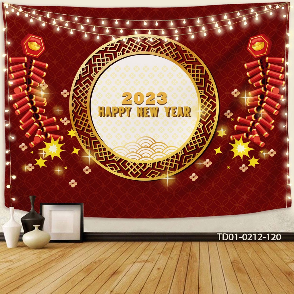 Tranh vải in 3D treo tường trang trí TẾT, decor CHÚC MỪNG NĂM MỚI, HAPPY NEWYEAR, [ tặng móc treo, miếng dán định vị]