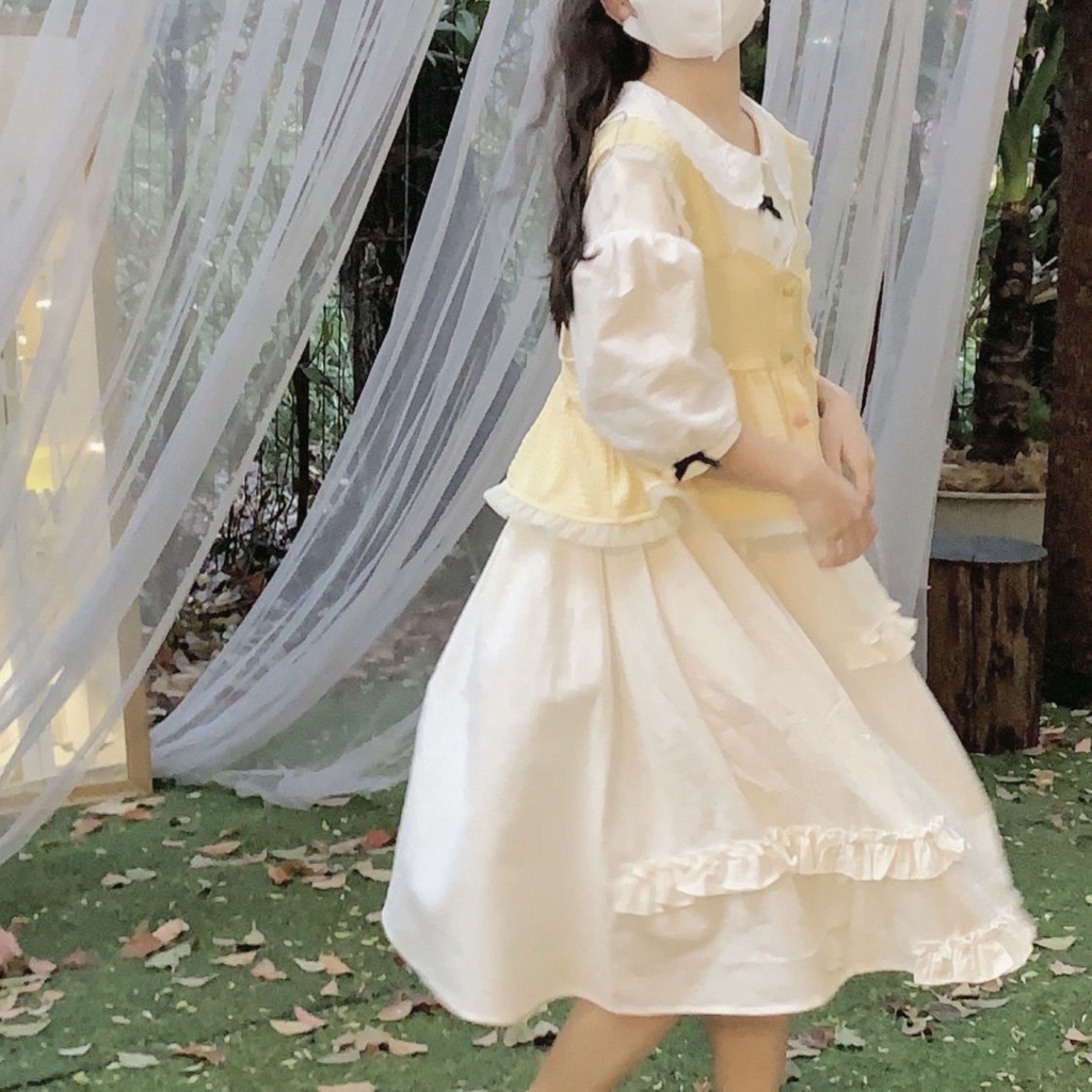 Set Đầm Tay Lỡ Cổ Búp Bê + Áo Không Tay Thời Trang Dành Cho Nữ