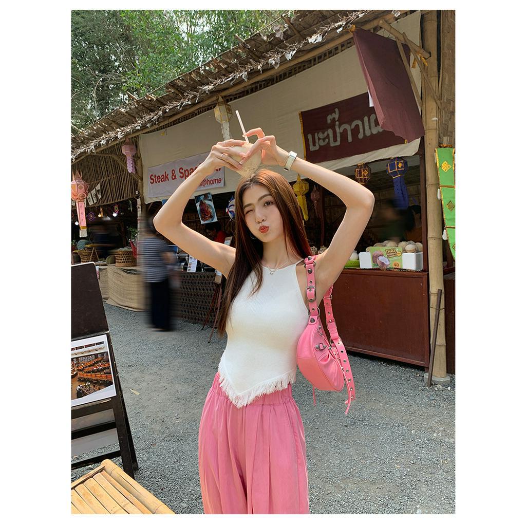 QADCOL Áo tank top Dệt Kim Mỏng Phối Tua Rua Thiết Kế Mới Cho Nữ