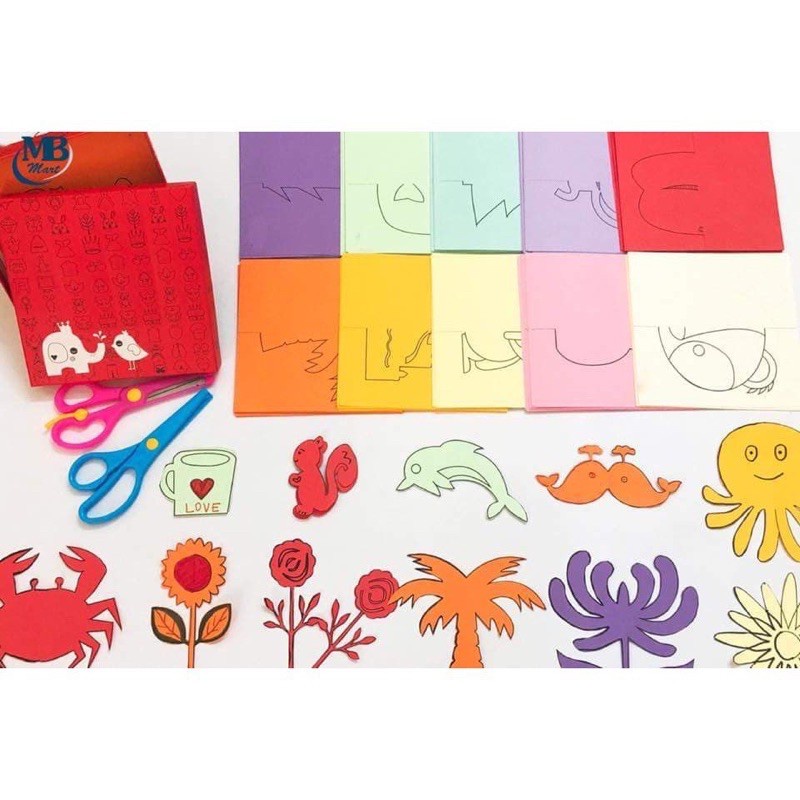 Bộ đồ chơi cắt dán giấy thủ công tạo hình cho bé 240 tờ + kéo an toàn có hình in sẵn