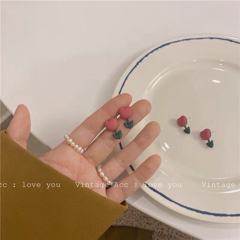 Khuyên Tai Hình Hoa Tulip Hồng Nhám Dễ Thương Chất Lượng Cao Dễ Phối Đồ