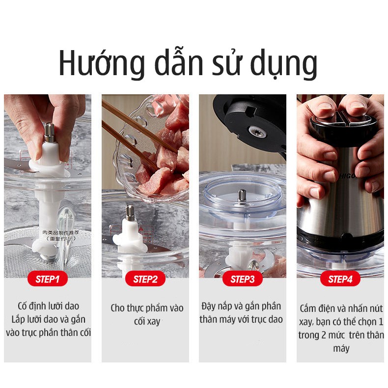 Máy Xay Thịt Xay Cua 4 Lưỡi Cối Thủy Tinh Đa Năng Máy Xay Rau Củ Quả Tỏi Ớt Sả Giềng Công Suất 300W Dung Tích 2L KL01