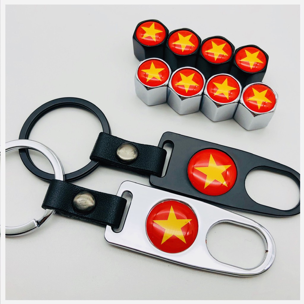Móc khóa kim loại, móc khóa xe máy/ô tô/ xe đạp, tặng kèm 4 ốc bảo vệ van xe