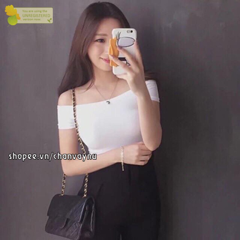 Áo thun nữ croptop trễ vai ngắn tay 2 màu đen, trắng freesize CVDP MT871 hàn quốc chuẩn store freeship 50k