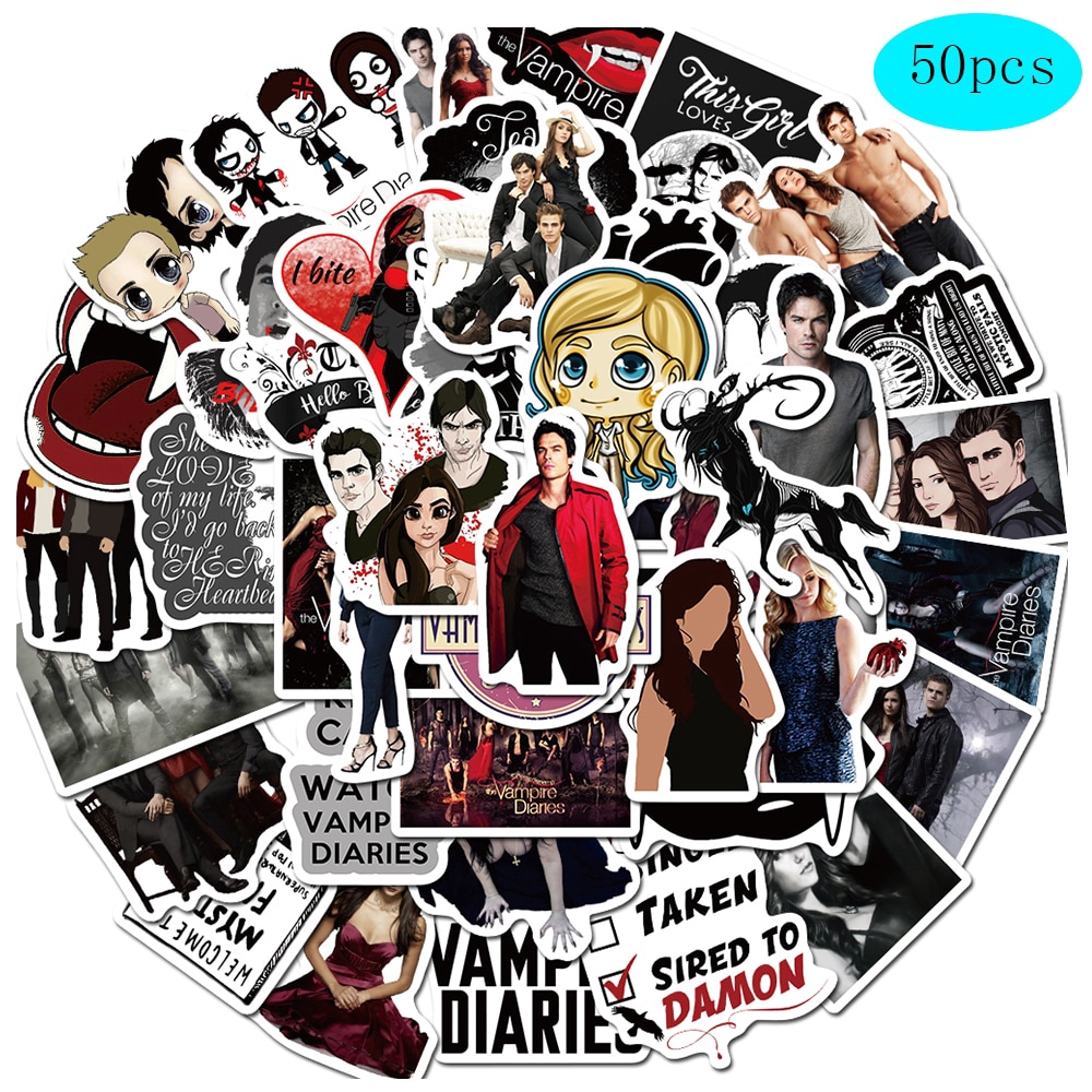 Set 50 sticker phim Mỹ The Vampire Diaries chống thấm nước độc đáo trang trí đồ chơi/ ván trượt/ máy tính trẻ em