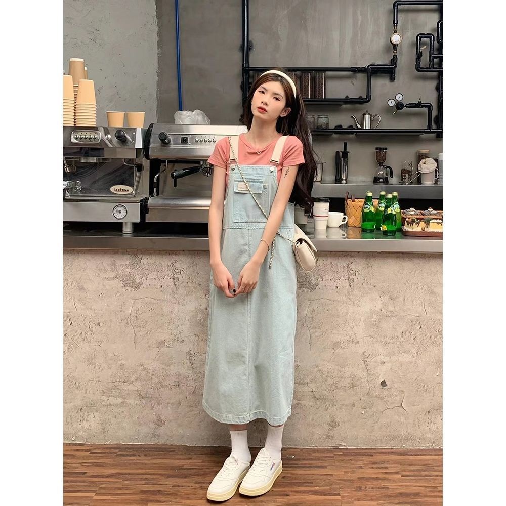 Đầm Yếm Denim Dài Dáng Rộng Phong Cách Preppy Thời Trang Mùa Hè Cho Nữ