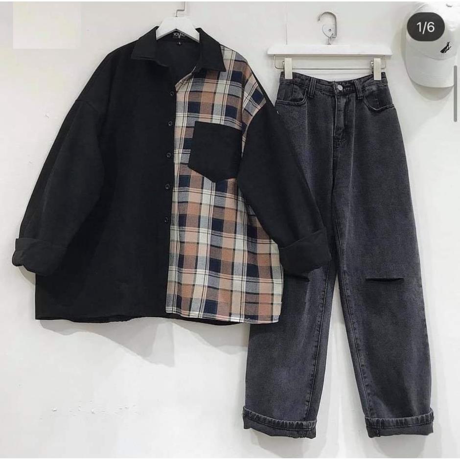 Áo Sơ Mi Nữ Phối Caro Kẻ Nâu form rộng freesize hucott