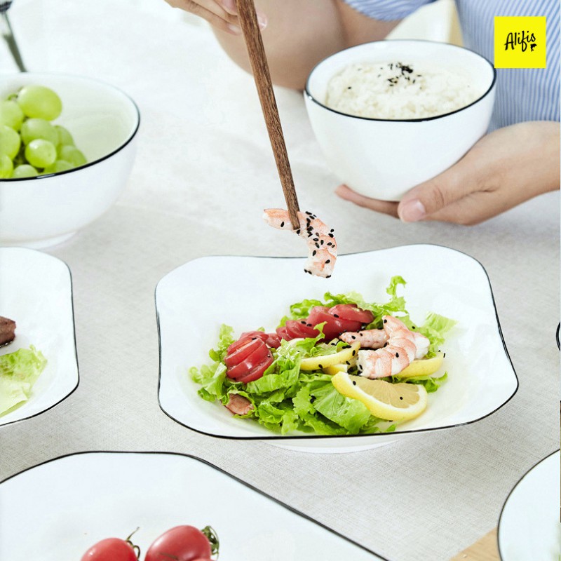 Bộ bát đĩa, bộ bát đĩa sứ trắng viền đen 13 món và 18 món cho 2-4 người - phụ kiện bàn ăn và quà tặng tân gia