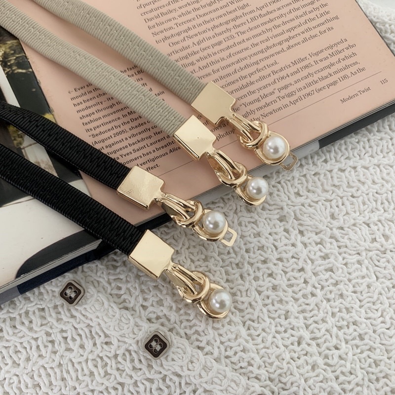 Dây thắt lưng belt chun hạt ngọc bản mỏng khóa kim loại