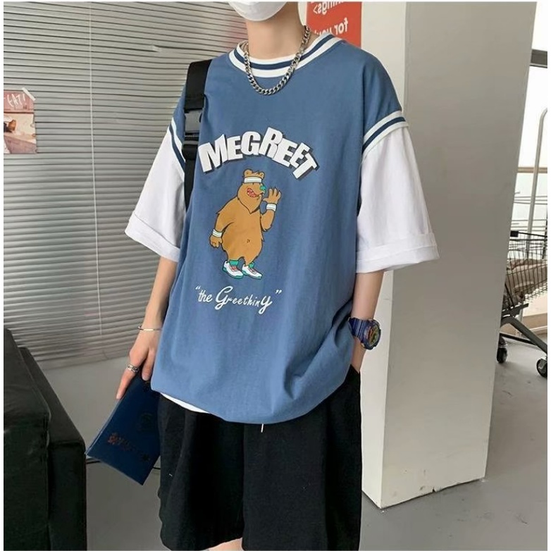Áo Thun Tay Ngắn Giả Hai Lớp Form Rộng In Họa Tiết Hoạt Hình Phong Cách Hip Hop Hàn Quốc Cho Nam