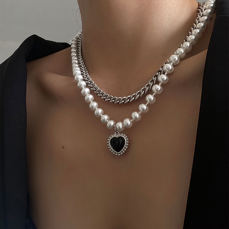 Vòng cổ Hai Lớp Bằng Thép Titan Mặt Hình Trái Tim Màu Đen Phong Cách Thanh Lịch Dành Cho Nữ