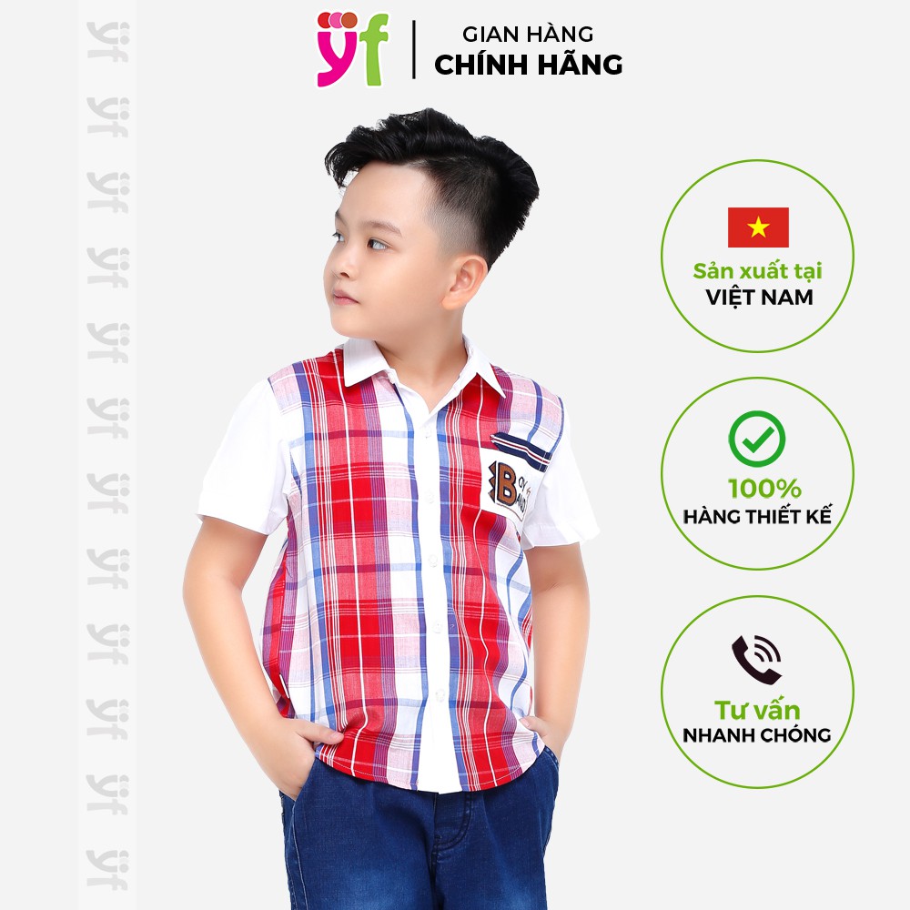 Sơ mi caro bé trai YF, ngắn tay phối 2 màu xanh &amp; đỏ 9AY537