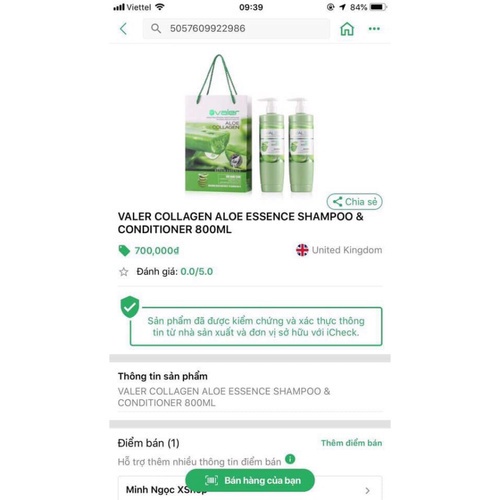 Cặp Dầu Gội Xả Lô Hội Tái Sinh Nha Đam  Valer Collagen Aloe Essence Chính Hãng 800ML