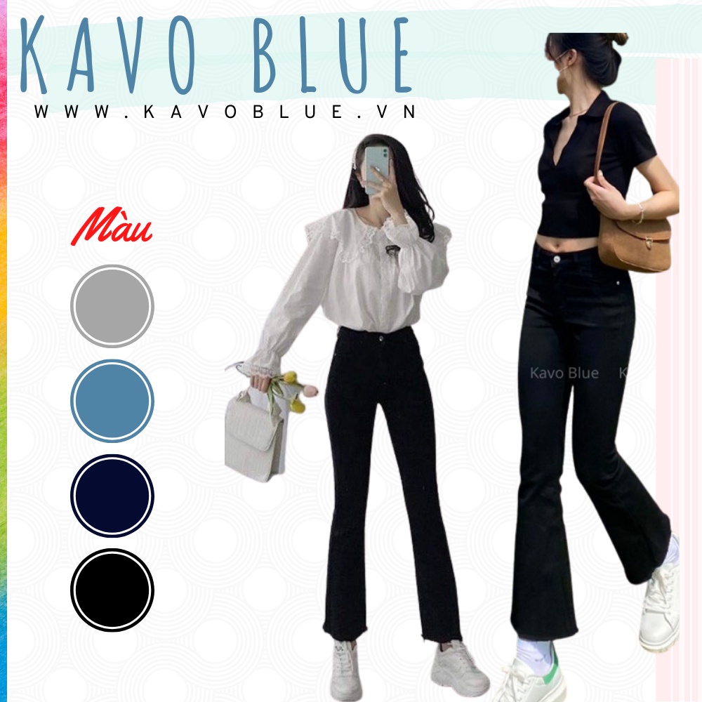 Quần Bò Nữ Ống Loe Nhẹ Màu Đen KAVO BLUE Lưng Cao Có Gấu Co Giãn 4 Chiều