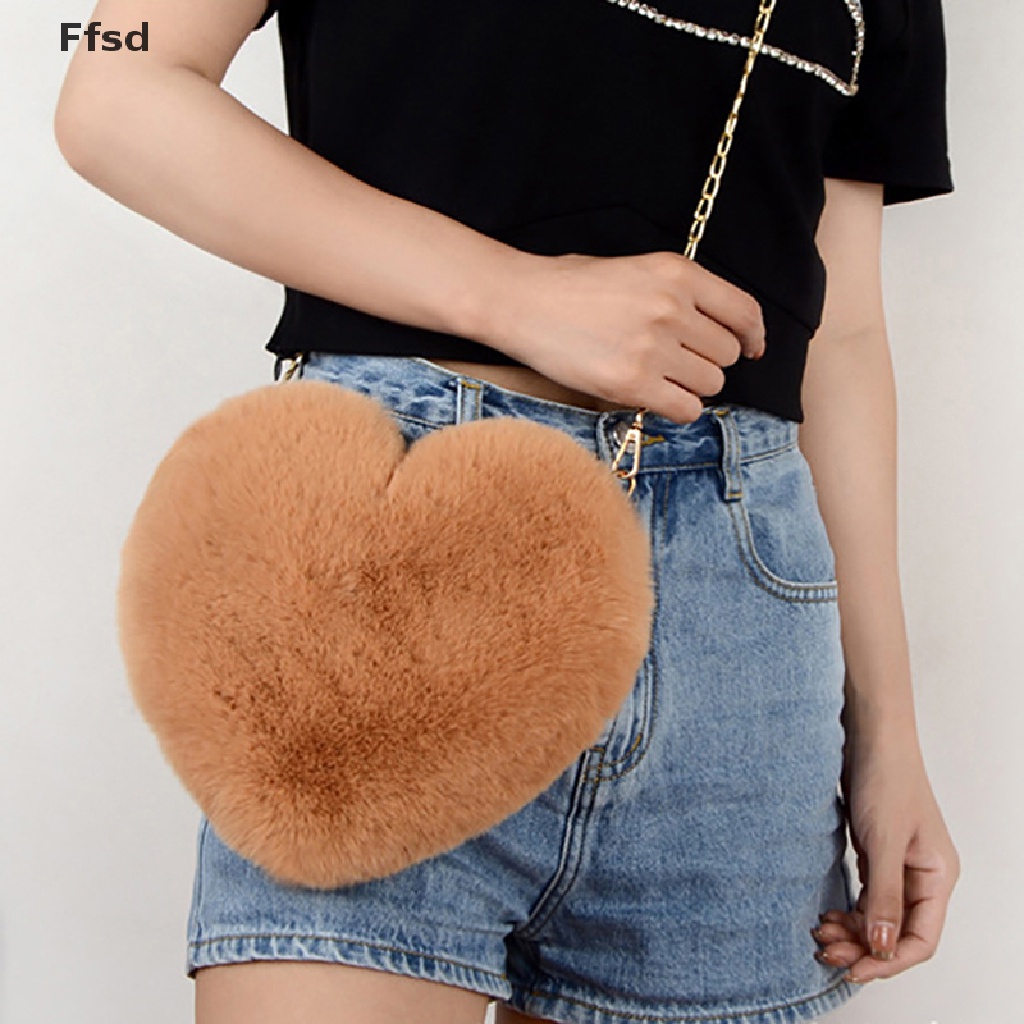 {Ffsd} Túi Đeo Chéo Vai Dạng Ví Hình Trái Tim Lông Giả Phối Dây Xích Cho Nữ * Hàng Bán Chạy *