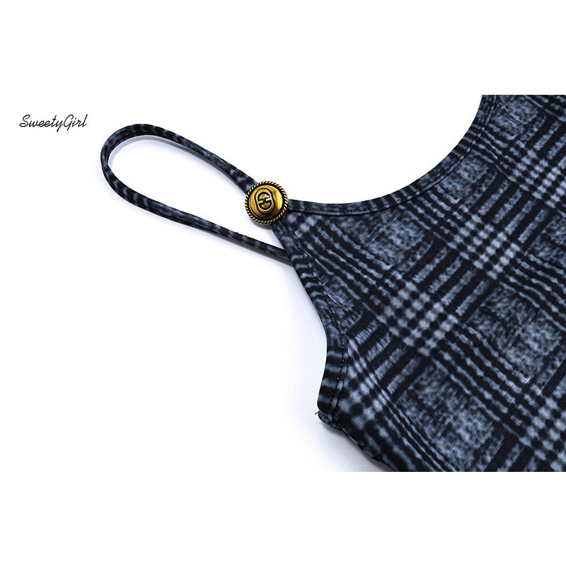 Đầm Mini Không Tay Cổ Tròn Ôm Eo Họa Tiết Kẻ Sọc Màu Xanh Dương Thời Trang 2022 Cho Nữ