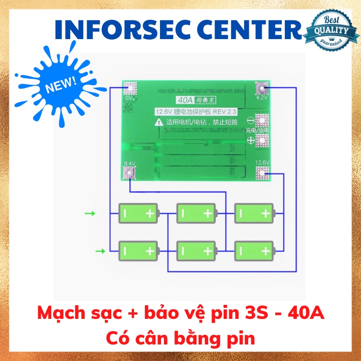 Bảng mạch cân bằng bảo vệ pin Lithium 3S 4S 40A 18650 BMS 11.1V 12.6V