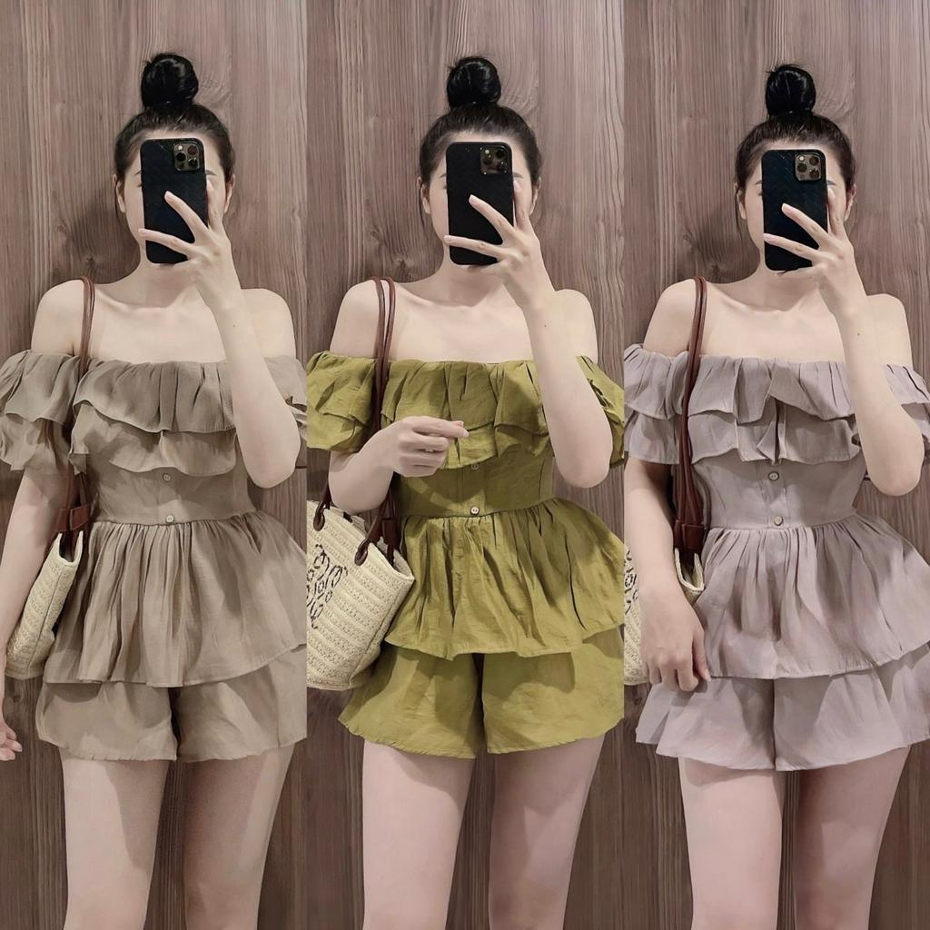 Sét bộ áo trễ vai tay bồng kèm quần sooc đùi 3 màu nâu, xanh bơ, chì siêu xinh chất đũi voan sang chảnh