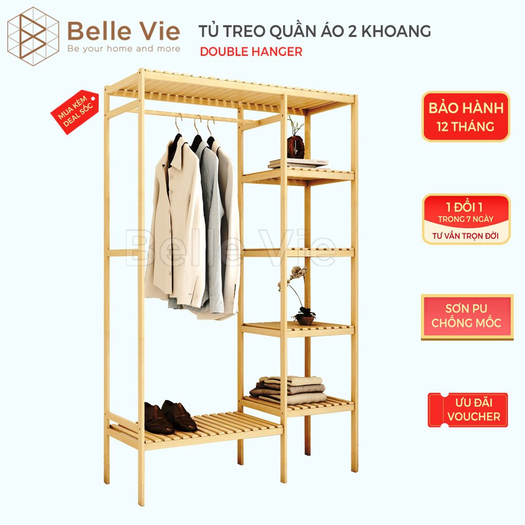 Tủ , Kệ Treo Quần Áo Lắp Ráp 2 Gian Double Hanger Gỗ Thông Tự Nhiên  BELLEVIE  Phong Cách Hiện Đại  KT 97Cm x 28Cm x 150