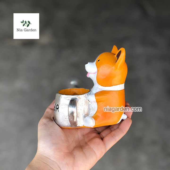 Chậu chó Corgi ôm bình tưới trồng sen đá xương rồng Nia Garden N4