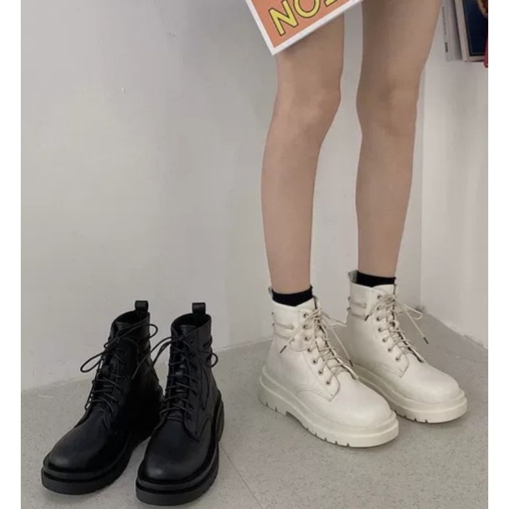 (Hàng Sẵn) Giày Bốt buộc dây ulzzang , Boot cổ lửng da mềm 2 dây sau