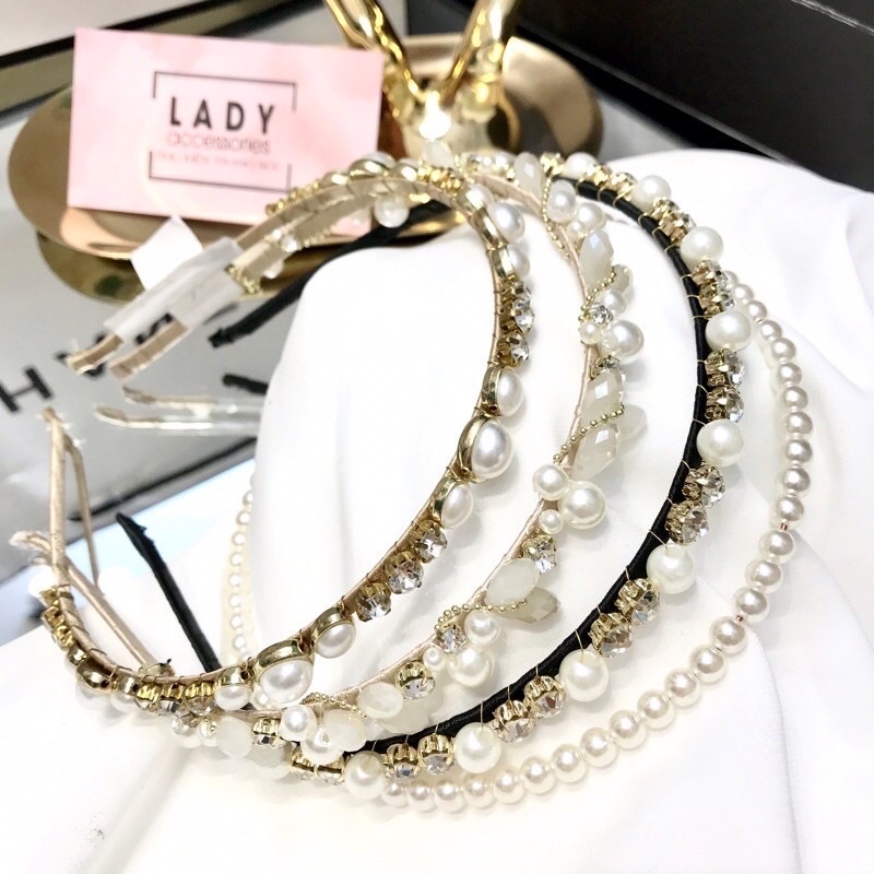 Bờm tóc đính đá xen kẽ ngọc trai nhân tạo style tiểu thư Pháp cổ điển