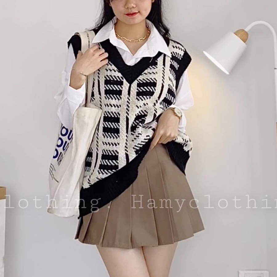 Áo Gile nữ HAMY A-28 vải len họa tiết kẻ ô vuông dáng suông