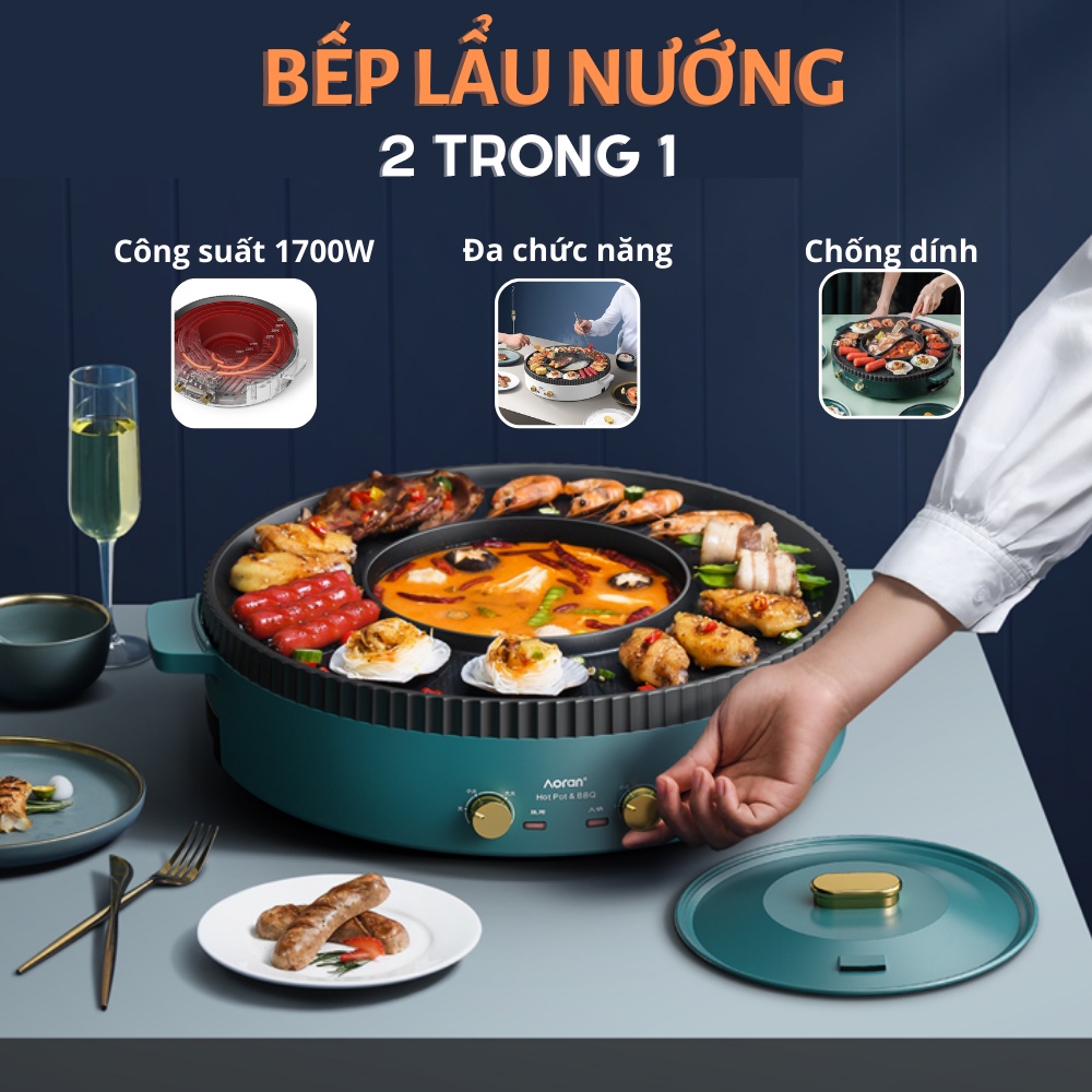 Bếp Lẩu Nướng Đa Năng, Bếp Lẩu Nướng Điện 2 Trong 1 Bề Mặt Chống Dính Tiện Lợi Thông Minh