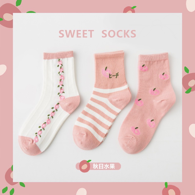 Set 3 đôi tất cổ cao Bivota vớ nữ hồng hoạt tiết hình quả đào đáng yêu T94