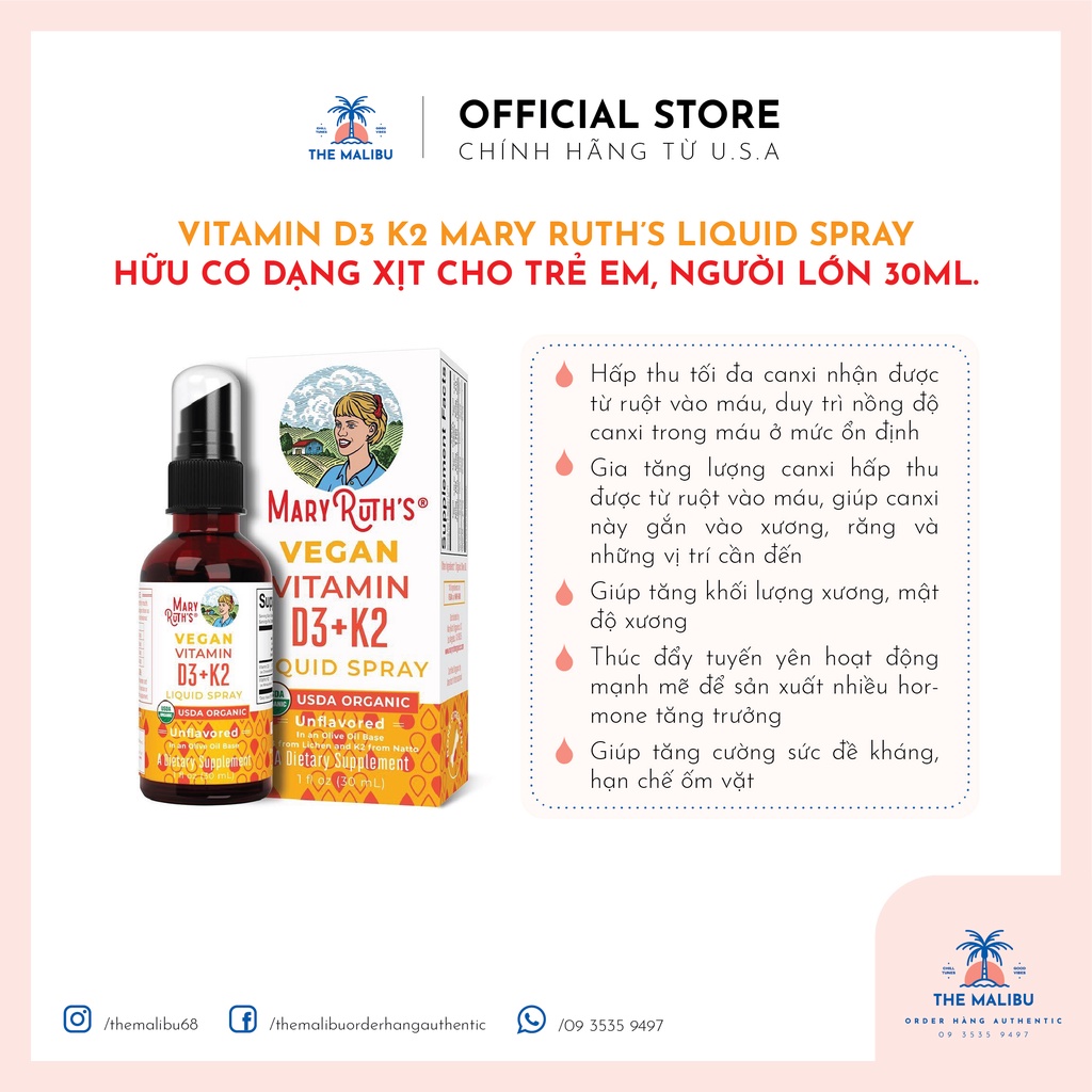 Vitamin D3 K2 Mary Ruth’s liquid spray hữu cơ dạng xịt cho trẻ em, người lớn 30ml