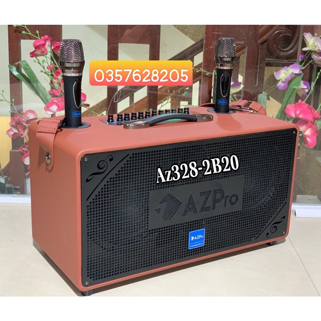 Loa karaoke xách tay AZPRO AZ328 Chất Lượng Cao, 2 Bass 20cm Kèm 2 Micro Kim Loại