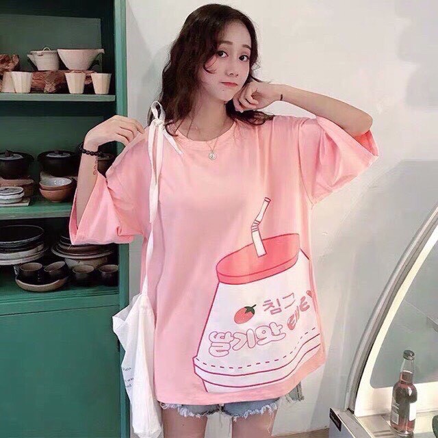 Áo Thun Form Rộng Tay Lỡ Unisex Hình Cốc Trà Sữa A11