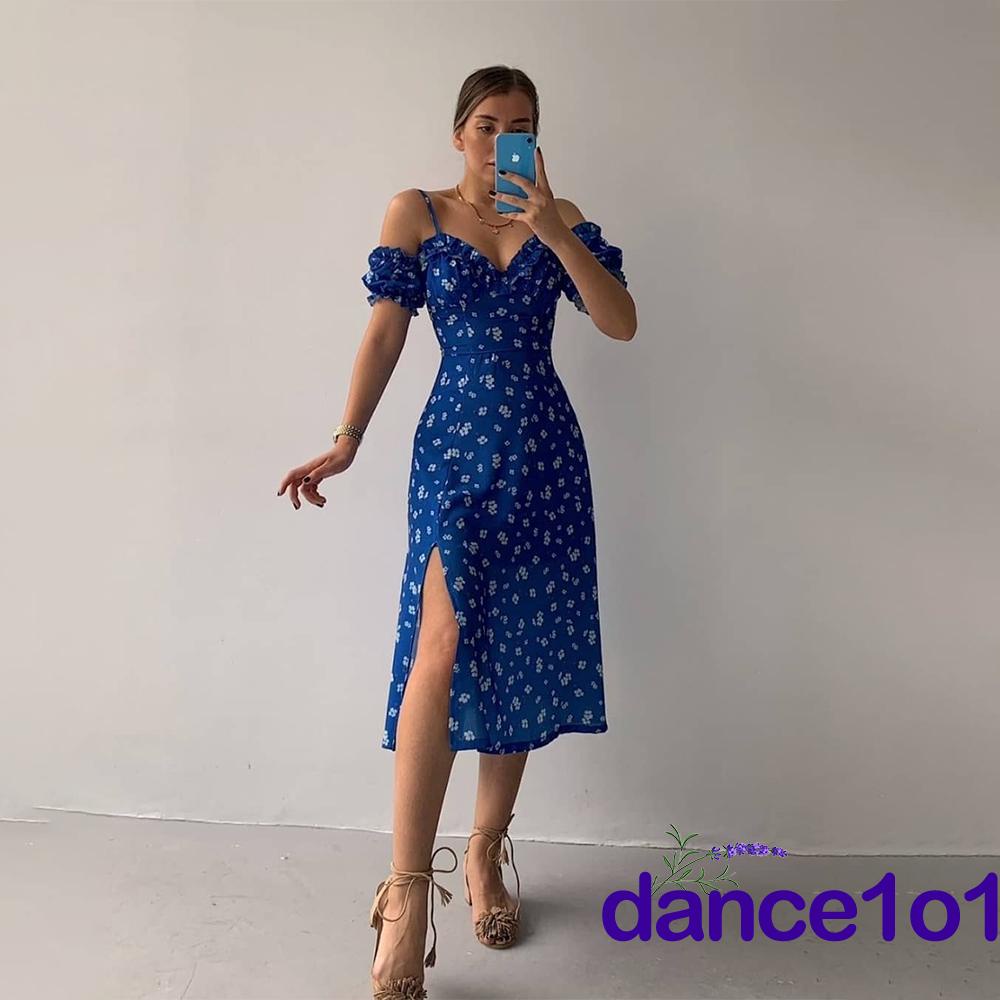 Đầm Hoa Hai Dây Cổ Chữ V Xẻ Tà Thời Trang Cho Nữ
