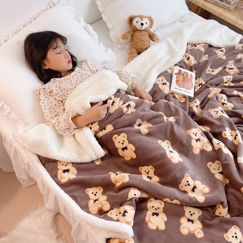 Chăn cừu mặt tuyết in họa tiết, chăn cừu cho bé kích thước 150x200cm