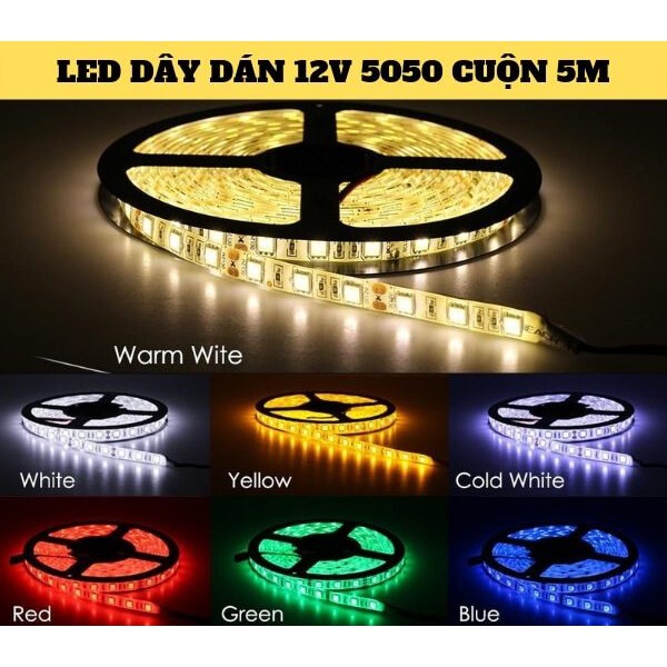 [Hàng cao cấp] LED dây 12V, 5050, cuộn 5m, phủ silicon chống nước IP65, 1 mặt dán, RGB nhiều màu quay tiktok [Cam kết]