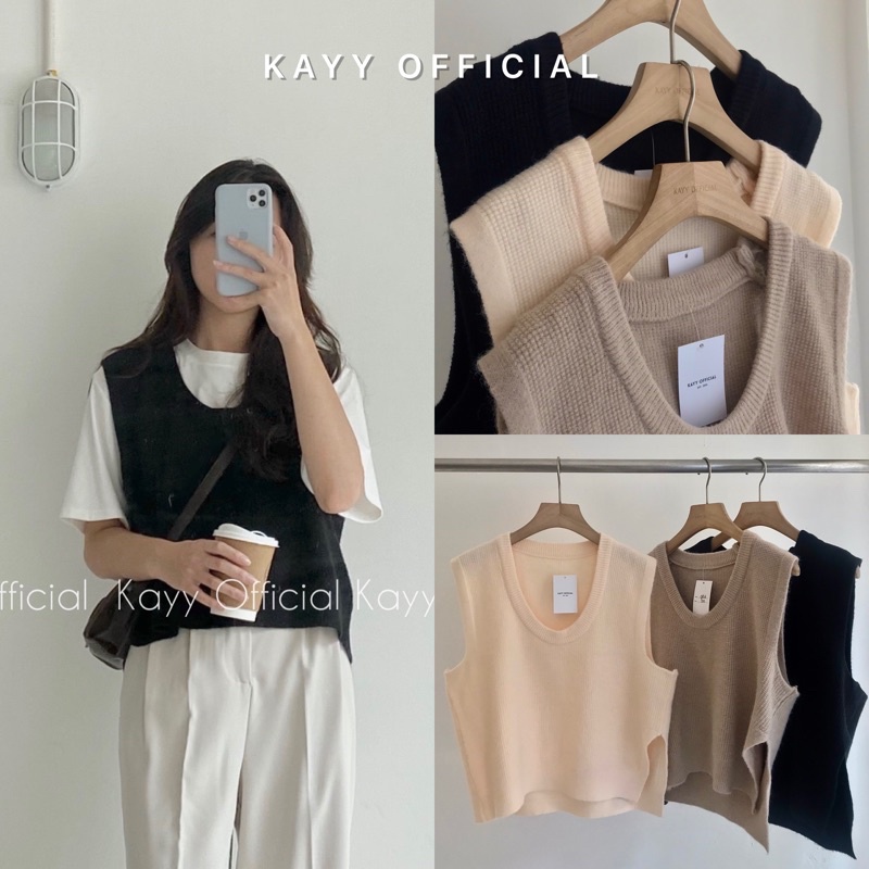 Áo gile len xẻ tà dáng lửng cổ tròn _ Glct (Ảnh thật)